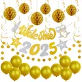 Kit déco Nouvel An 2025 doré avec bannière Welcome ballons et boules alvéolées en papier - Décoration de Nouvel An Style 12