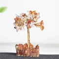 Arbre de fortune en cristal orange avec branches en cuivre sur socle en pierre naturelle - Branches et Fleurs / Agate rouge