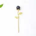 Handcrafted black resin rose figurine with gold metal stem and crystal accents - Obsidian
