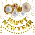 Kit décoration Happy New Year or et blanc avec bannière et éventails en papier - Décoration de Nouvel An Style 18
