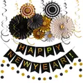 Kit déco Happy New Year 2025 avec éventails en papier noir et or et banderoles - Décoration de Nouvel An Style 19