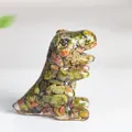 Green natural crystal dinosaur sculpture in transparent resin for home decoration - Unakite