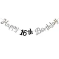Μαύρο και ασημί πανό Happy 16th Birthday για διακοσμήσεις πάρτι και εορτασμούς - 16α γενέθλια / Ασημί