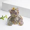 Crown bear statue with purple natural crystal stones and gold foil in resin - Fluorite with Gold Foil