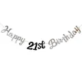 Ασημένιο πανό Happy 21st Birthday με μαύρους αριθμούς για διακόσμηση πάρτι - 21α Γενέθλια / Ασημί