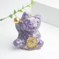 Statuetta gatto portafortuna con schegge di ametista viola e resina con foglia oro - Viola da Sogno
