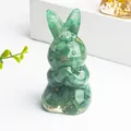 Clear rabbit figurine with green crystal stone and gold foil flakes for home decor - Aventurine Jade
