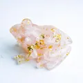 Pink resin frog figurine with gold foil flakes and natural crystal for desk decor - Rose Quartz