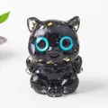 Statue de chat en résine noire faite main avec feuilles d'or et yeux bleus brillants - Obsidienne