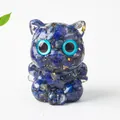 Figurine chat mignonne en pierre de cristal bleu foncé avec feuilles d'or déco - Lapis-lazuli