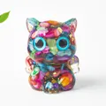 Figurine de chat en résine faite main avec cristaux colorés et accents de feuille d'or - Coquillage Coloré