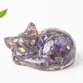 Sleeping cat crystal figurine made of purple resin with gold foil leaf accents - Amethyst
