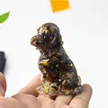 Detail of a handmade resin dog figurine filled with natural brown tiger eye crystal stones - 5*4.1*8cm / Tiger's Eye