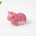 Pink resin cat figurine with natural crystal stone and gold foil flakes for desk decor - 43x26x28mm 25g / Dark Pink