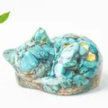 Sleeping cat statue made of clear resin with turquoise stones and gold leaf flakes - Turquoise