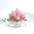 Pink and white natural crystal nine-tailed fox figurine ornament with golden bell - No.6 Rose Quartz + Red Agate + Clear Quartz