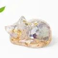 Sleeping cat statue crafted with purple amethyst crystal chips and gold foil in resin - Colorful Fluorite