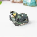 Lying cat resin statue with natural green stone chips and gold foil flakes - 43x26x28mm 25g / Ruby Zoisite