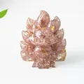Close-up of translucent purple resin nine-tailed fox with gold foil flakes on white surface - Strawberry Quartz / 6cm High