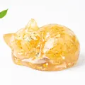 Sleeping cat crystal statue with gold foil resin and warm amber natural stones - Yellow Agate