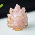 Pink resin nine-tailed fox figurine with gold foil flakes and crystal stone details - Rose Quartz / 6cm High
