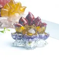 Nine-tailed fox crystal resin figurine with red, gold, and purple stones and small bell - No.14 Red Jasper + Citrine + Kunzite + White Turquoise