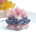 Nine-tailed fox crystal resin ornament featuring purple and pink stones with a golden bell - No.15 Rose Quartz + Amethyst + Watermelon Crystal