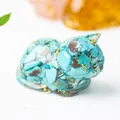 Green turquoise crystal cat figurine with gold leaf inside transparent resin decor - 43x26x28mm 25g / Turquoise