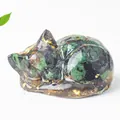 Sleeping cat figurine crafted with green crystal gravel, resin and gold foil flakes - Ruby Zoisite