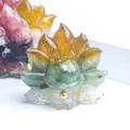 Green and amber crystal resin nine-tailed fox figurine with gold foil and bell detail - No.16 Citrine + Aventurine + Clear Quartz + Gold Foil