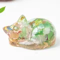 Cat figurine made of resin with green crystals, tiger eye stone and gold foil accents - Cat's Eye
