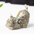 Macro detail of cat figurine with grey crystal stones and gold foil in clear resin - Labradorite Gray / 5*3*4.2cm/45g