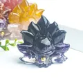 Nine-tailed fox statue made of natural purple crystal and obsidian with golden bell accessory - No.12 Obsidian + Amethyst