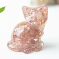 Handmade cat figurine with pink natural crystal stones and gold foil inside resin - 3.2cm x 3.3cm x 4cm / Strawberry Quartz