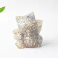 Maneki-neko crystal resin cat figurine with amethyst and gold leaf inlay - Colorful Fluorite / 70x60x55mm