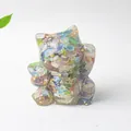 Lucky cat resin ornament with multi-color natural crystal stones and gold foil flakes - Cat's Eye / 70x60x55mm