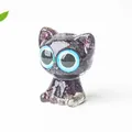 Deep purple resin cat figurine with natural crystal stone and bright blue eyes - Garnet