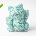 Lucky cat statue with light blue crystal stones and gold foil in clear resin - Turquoise / 70x60x55mm