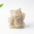Maneki-neko figurine in clear resin with crystal stones and gold foil details - Rutilated Quartz / 70x60x55mm