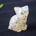 Cat figurine with natural white crystal stones and gold foil flakes in clear resin - 3.2cm x 3.3cm x 4cm / Opal