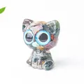 Cute handmade resin cat figurine with colorful natural crystal stones and big blue eyes - Ocean Jasper