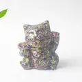 Maneki-neko figurine with green crystal stones and gold foil in clear resin - Dragon Blood Stone / 70x60x55mm