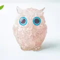 Pink natural crystal owl resin figurine with large blue eyes for desk decoration - Rose Quartz