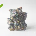 Lucky cat resin statue with colorful natural crystal stones and gold foil flakes - Ocean Jasper / 70x60x55mm