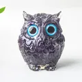 Handmade owl resin statue with purple natural amethyst stones and blue eyes - Amethyst