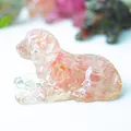 Resin puppy figurine with embedded pink natural crystal stones for desk decor - Watermelon Quartz