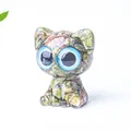 Cute resin cat figurine with green and pink natural crystal stones and big blue eyes - Unakite