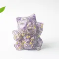 Lucky cat statue crafted with purple amethyst stones and gold foil in clear resin - Dreamy Purple / 70x60x55mm