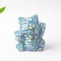 Lucky cat figurine made of resin with blue crystal stones and gold foil flakes - Apatite / 70x60x55mm