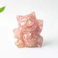 Pink resin lucky cat figurine with crushed stones and gold foil for desk decor - Watermelon Quartz / 70x60x55mm